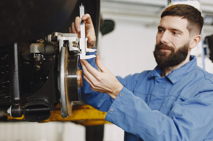 mechanic with tool wheel hands mechanic blue work clothes