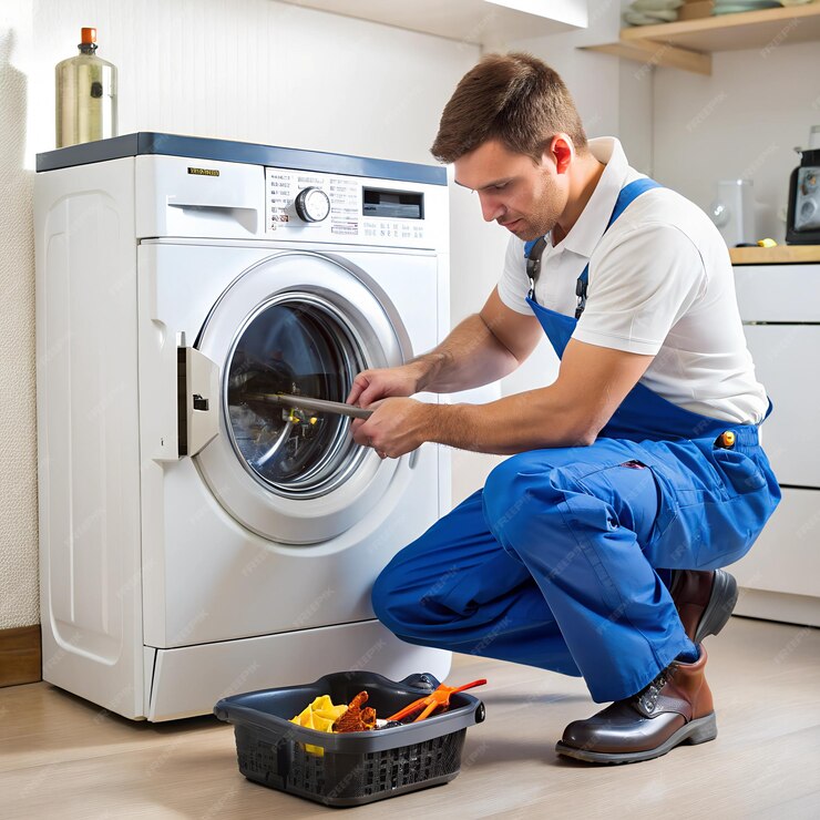 technician repairing washing machine laundry room